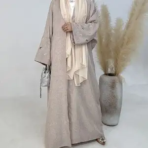 月刺Embroideryアバヤリネン効果生地バットウィングスリーブ着物イスラム教徒の女性ドバイイスラム服