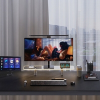 Support de moniteur d'ordinateur Lelio pratique en acrylique et profilé aluminium avec compartiment de rangement, design flottant transparent pour support