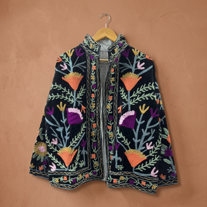 Veste bomber en velours brodée à la main pour femmes, style Suzani, écologique, col mandarin épais, ouverte sur le devant, style ethnique bohème, automne - Product Image 1