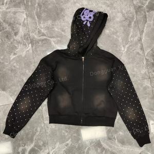 Sudadera con capucha y cremallera de algodón 100% de 500 g/m² de alta calidad, con lavado ácido, efecto vintage, desgastada, con pedrería y efecto descolorido por el sol. - Product Image 2