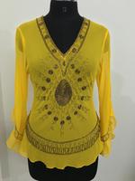 Nouvelle Blouse Décontractée Femme Col V en Georgette Brodé Main Style Vintage de Dubaï, Perles et Écologique, Tendance Été 2024