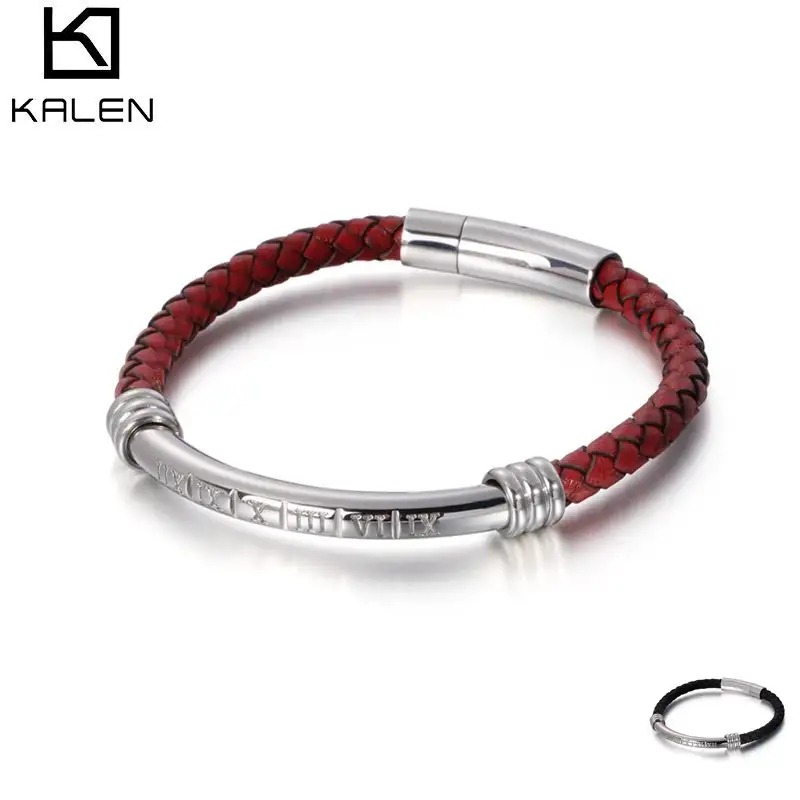 KALEN Roman Numerals Braided Black Red Cowhide Leather Mans Stainless Steel Bangles For Men