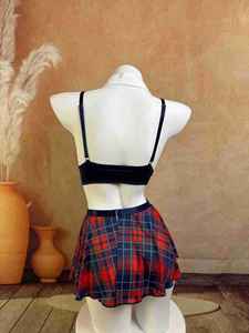 Hochwertige Maßgefertigte Damen Sommer BH-Set Sexy Kariertes Spitzen-Bowknot-Cosplay-Kostüm Verführerisches Rollenspiel-Studenten-Outfit Durchsichtig - Product Image 2