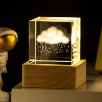Nouvelle Veilleuse Laser Artisanale en Forme de Lune, Bloc de Cristal, Presse-papier avec Base Lumineuse en Bois, Souvenir
