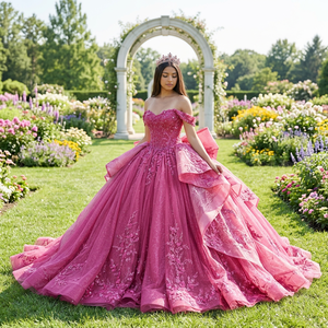 Robe de Quinceañera en Chiffon Fuchsia Scintillant Dy5799, Taille Naturelle, Dentelle Florale de Luxe, Perles, Robe de Bal pour Anniversaire - Product Image 1
