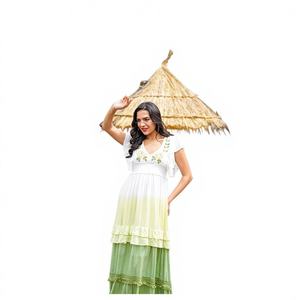 Vestido Midi con Mangas con Volantes, Blanco y Verde Degradado, 100% Algodón, Impresión Digital, Ligero, Fluido, Cintura Natural, para Fiesta - Product Image 1