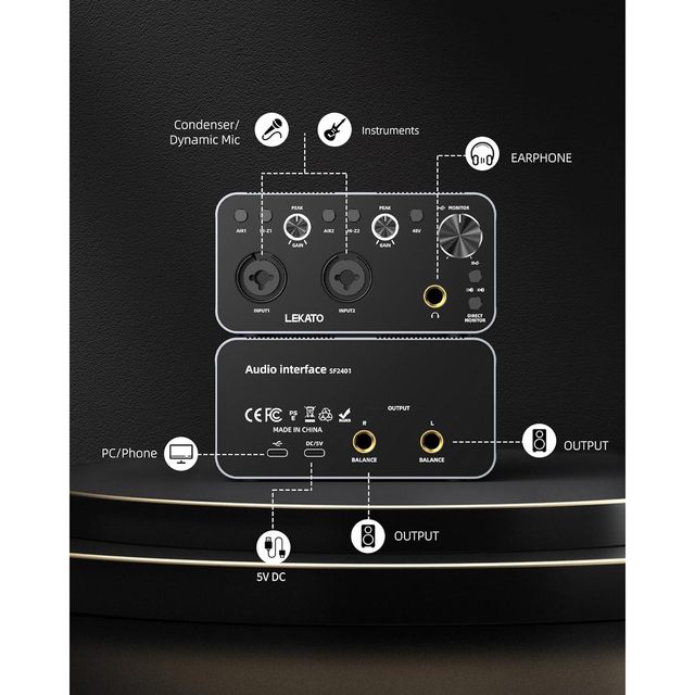 LEKATO 24-bit/192kHz USB Audio Interface with XLR 48V Phantom Power External Installation for Smartphone Computer Recording