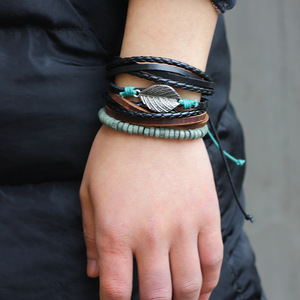 Handmade Multi Strand <b>Beaded</b> Bracelet <b>Set</b> Alloy Leaf Design Tibetan Silver Jewelry Gift Three Piece <b>Set</b> - Product Image 3