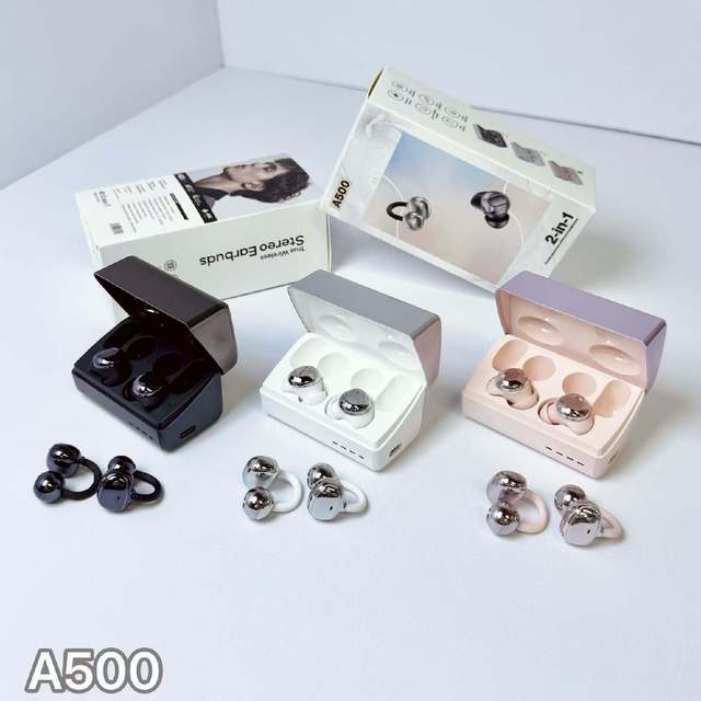 A500 New 2-in-1 True Wireless Earbuds, Blue-tooth  Clip-on & In-ear 2 Styles, Stereo Sport Headphones  Low Power Consumption
