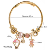Panjiadola Bracelet en acier inoxydable de style nouveau pour femme, avec pendentif en alliage incrusté de diamants en forme de petit lapin monté sur montgolfière
