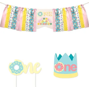 Pafu Baby Girls 1st Birthday Party Supplies Decorations Donut First Birthday NO.1 Crown ONE Cake Topper High Chair Banner