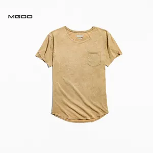 MGOO OEM ODM Scoop Neck Acid Wash tシャツMen湾曲した裾ポケットtシャツ