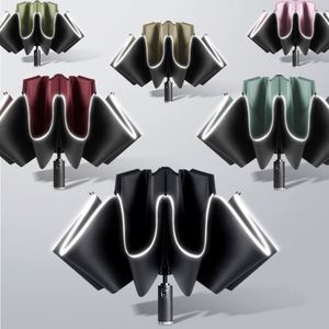 Parapluie inversé entièrement automatique avec logo imprimé, 10 baleines, résistant au vent, imperméable, réfléchissant en vinyle, classique, de voyage, revêtement noir - Product Image 3