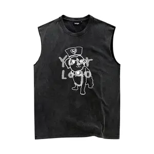 OEM high quality 95% polyester 5% cotton custom graphic print screen printing acid washed vintage vest for men