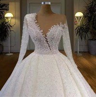Nouvelle Arrivée Robe de Mariée de Luxe Élégante en Dentelle à Manches Longues Perles Robe de Bal Grande Traîne Robe de Mariée