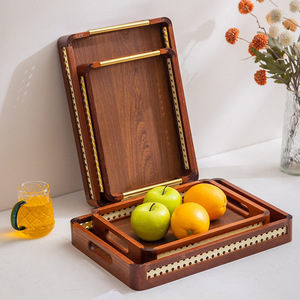 Plateau en bois avec poignée en métal, rectangulaire, verni, multifonctionnel, pour le rangement et le service du thé à la maison, dans le salon - Product Image 2