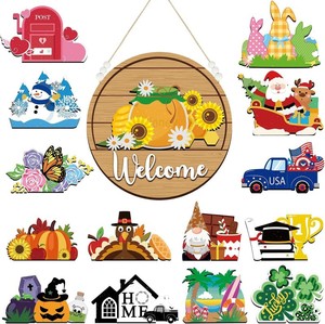 Ensemble de 16 panneaux saisonniers interchangeables en bois modernes pour la décoration de Noël, de mariages et de fêtes - Product Image 6