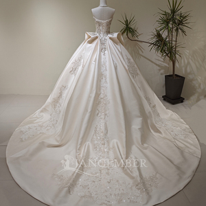 LY154 Royal Boat Neck Satin Crystal Wedding Ball Gown Long Lace Flowers Appliques Embroidery Modern Women's <b>Dresses</b> - Product Image 2