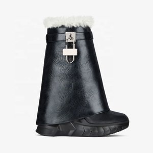 Women's Fur Ankle <b>Boots</b> Wedge Heels Turn Over Round Toe Short Female Shark Lock Causal Increasing Height Shoes - Product Image 5