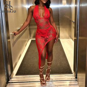 Set Sexy alla <span class=keywords><strong>Moda</strong></span> in Due Pezzi, Top Body in Pizzo Trasparente con Allacciatura Posteriore e Gonna Irregolare Abbinata - Product Image 1