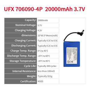 충전식 리튬 폴리머 배터리 팩 UFX 706090-4P 20000mAh <span class=keywords><strong>3.7V</strong></span> 맞춤형 리포 리튬 이온 배터리 제조 MSDS OEM - Product Image 2