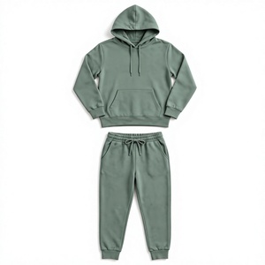 Ensemble de survêtement décontracté 2 pièces anti-boulochage avec sweat à capuche uni couleur sauge et pantalon à cordon avec logo frontal, respirant pour l'hiver - Product Image 1