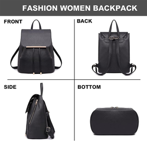 Women's Fashion PU Leather Solid Black Waterproof Closure-Free No Lining All Seasons <strong>Backpack</strong> Daypack Medium School Work Travel - Product Image 4