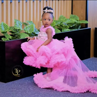Robe de soirée sans manches en tulle rose avec appliques florales à sequins, traîne haute, volants moelleux, pour concours de beauté, anniversaire, mariage, robe de princesse pour fille