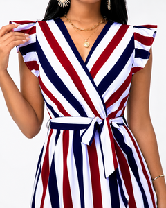 Abito da Donna Personalizzato, <span class=keywords><strong>Vestito</strong></span> Estivo Lungo <span class=keywords><strong>a</strong></span> <span class=keywords><strong>Righe</strong></span> Rosso <span class=keywords><strong>Bianco</strong></span> <span class=keywords><strong>Blu</strong></span> con Volant per Vacanze - Product Image 3