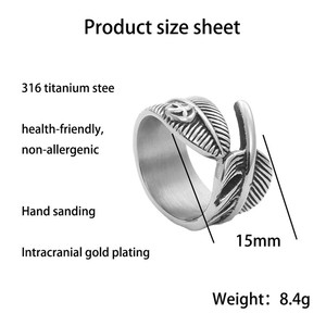 Stainless Steel <b>Feather</b> <b>Ring</b> Men's Retro Punk Style Daily Wear <b>Silver</b> Color 26097 - Product Image 5