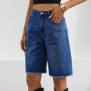Shorts en <span class=keywords><strong>jean</strong></span> déchiré taille haute pour <span class=keywords><strong>femme</strong></span>, coupe droite, ourlet brut, longueur <span class=keywords><strong>mi</strong></span>-cuisse, décontracté, été - Product Image 2