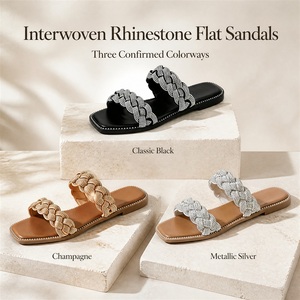 Sandali piatti da donna intrecciati con strass, eleganti ciabatte da spiaggia retrò, infradito con punta quadrata, scarpe estive per il tempo libero OEM/ODM - Product Image 4