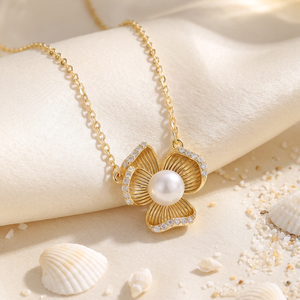 Copper Gold Plated Four Petal Ribbed <b>Fan</b> Flower CZ Edge Freshwater Pearl Pendant Necklace Vintage Luxury Jewelry for Women - Product Image 5