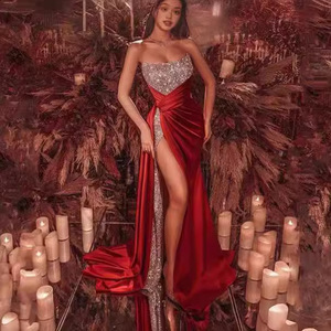 Women's <b>Sequined</b> Slit Maxi Dress Strapless Empire Waist Long Skirt Evening Gown Hot Stamping Fashion - Product Image 2
