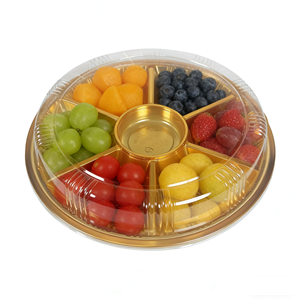 صينية طعام فاخرة ذهبية للمناسبات، صينية تقديم بالجملة من البلاستيك الغذائي PET بـ 7 أقسام للفواكه والوجبات الخفيفة مع غطاء شفاف - Product Image 1