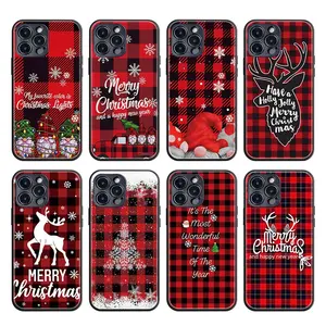 Christmas Gifts Designs Tree Elk Red Pattern Cover for iphone 11 12 13 14 15 pro max Tempered Glass Mobile Phone Case