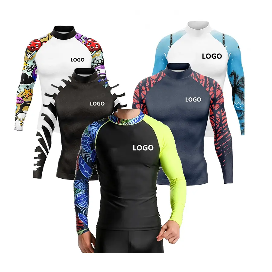 เสื้อรัดรูปแขนยาวสำหรับผู้ชายเสื้อยืด rashguard UPF 50ป้องกันรังสียูวีเสื้อรัดรูปว่ายน้ำโต้คลื่นดำน้ำ