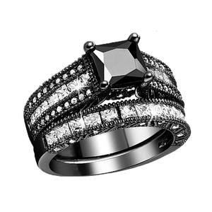 Black Women's Ring <b>Set</b> <b>Square</b> Zircon Inlaid Prong Setting Engagement Jewelry Geometric Design Gunslinger Black Rings - Product Image 4