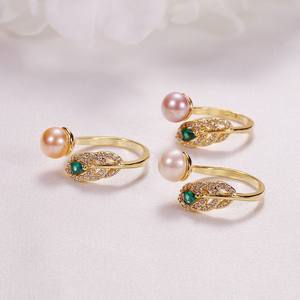 Bague en perle de Zhuji Wenchi en gros, micro-incrustée de zircon, perle d'eau douce, plaqué or véritable, bijou ajustable à bouche ouverte - Product Image 3