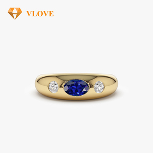 Bijoux exclusifs VLOVE en pierres précieuses véritables Bague dôme de luxe personnalisée Bague en or 14K saphir ovale et diamants - Product Image 1