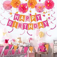 Décorations de fête d'anniversaire rose vif et orange, bannière Joyeux Anniversaire, pompons en papier, guirlande à pois circulaires pour filles et femmes