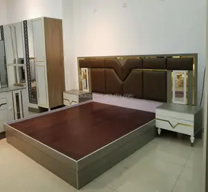 Set furnitur kamar tidur pasangan, melamin ukuran king papan kepala berlampu LED, set kamar tidur modern murah