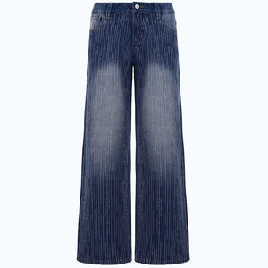 Jeans de Pierna Recta Transpirables con Pedrería Brillante, Pantalones Vaqueros Casuales de Corte Holgado con Diseño Sencillo y Estampado Liso - Product Image 5