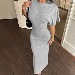 Robe longue à col rond, manches chauve-souris, taille cintrée, coupe ample, couleur unie, minimaliste, décontractée, élégante - Product Image 6