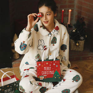 Nouvel ensemble de <span class=keywords><strong>pyjama</strong></span> d'hiver en polaire composite épaissie | Molleton de lait et d'agneau, imprimés de dessins animés de Noël multicolores, vêtements de détente - Product Image 1