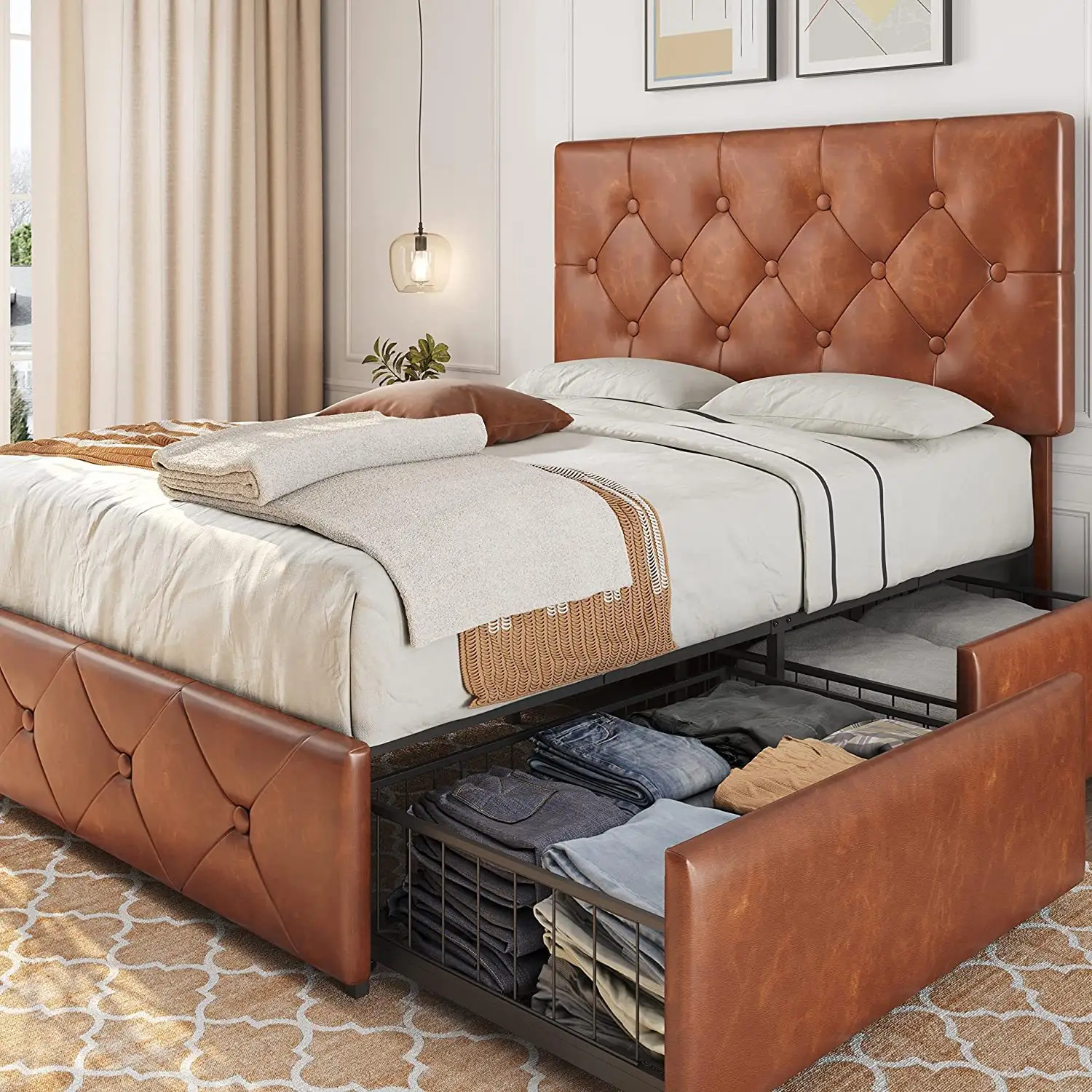 Kainice bedroom furniture drawer storage king size italian leather beds luxury modern upholstered bed frame for home