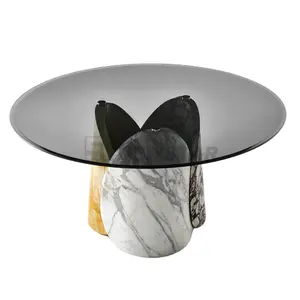 न्यूस्टार कस्टम आधुनिक डाइनिंग रूम पत्थर फर्नीचर सख्त ग्लास काउंटरटॉप राउंड संगमरमर डाइनिंग टेबल