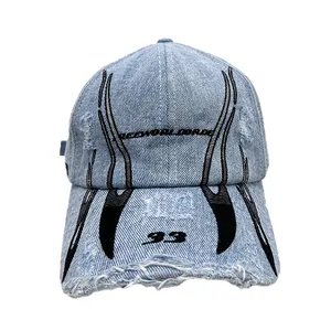 Benutzer definierte Stickerei Logo hochwertige Jeans Cap Denim Stoff gewaschen klassische 6 Panel Papa Hut mit Metalls chnalle