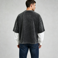 T-shirt noir délavé personnalisé avec impression sérigraphique, deux pièces, manches longues, col rond, streetwear, effet vieilli pour homme