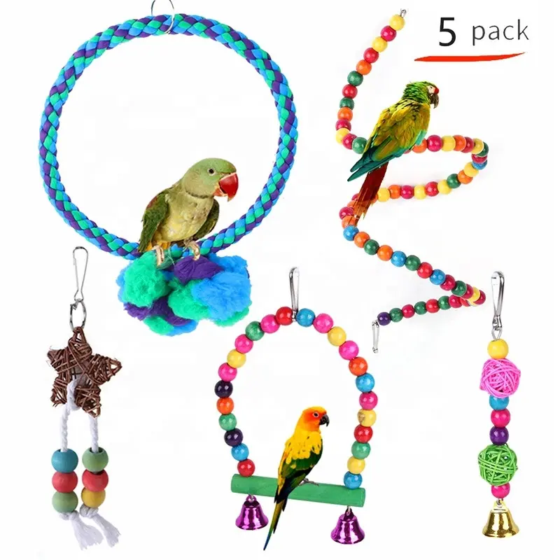 Lot de 5 jouets pour oiseaux ensemble de jouets à mâcher perroquet balançoire suspendue et pont arc-en-ciel pour jouer